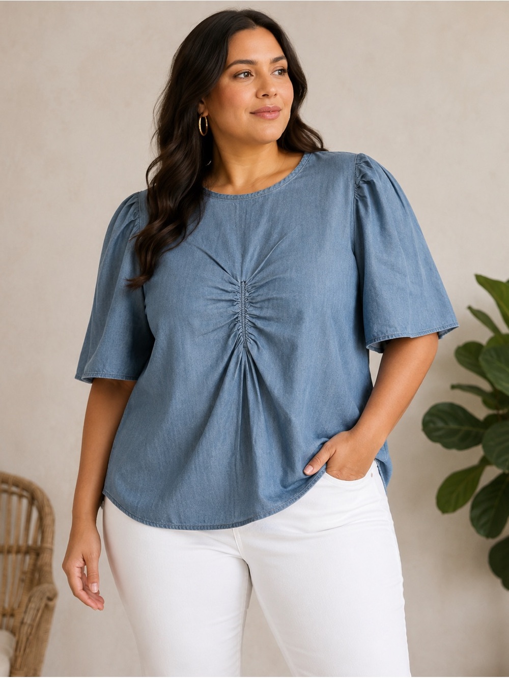 Anthropologie‎ Nation LA Light Denim Blue Ruched Front Blouse XXL